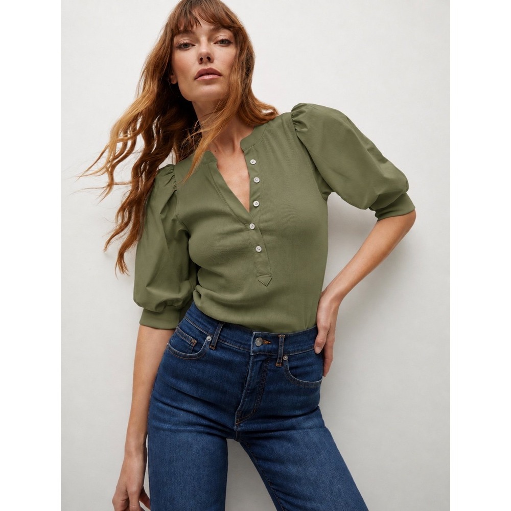 Veronica Beard Coralee Puff-Sleeve Henley Top Olive Green Sz M NWOT Retail $189